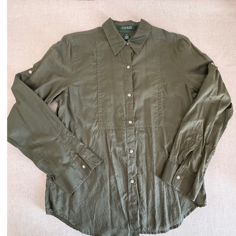 Lauren Ralph Lauren Olive Green Cotton Bib Front Roll Tab Sleeve Shirt Medium